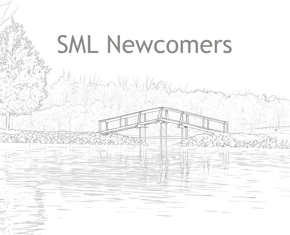 Outline illustration of a dock over calm water with trees in the background, labeled 'SML Newcomers'.